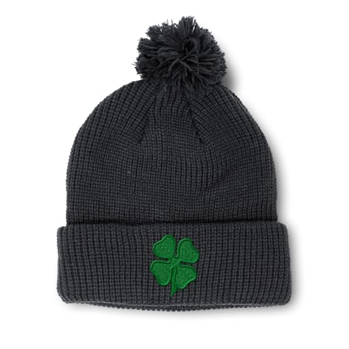 Pom Pom Beanies for Women 4 Leaf Clover Embroidery Skull Cap Shamrock St Patricks Day Winter Hats for Men Acrylic 1 Size Black Design Only