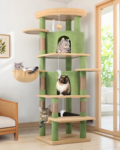Globlazer Kratzbaum Ecke Kaktus Gr&uuml;n, Eckkratzbaum Stabil hoch 167 cm mit 2 Gro&szlig; Katzenhaus Sektor Gepolsterte Plattform H&auml;ngematte Weich Korb, Katzenbaum f&uuml;r 3-4 Erwachsene Katzen (C66, Gr&uuml;n)
