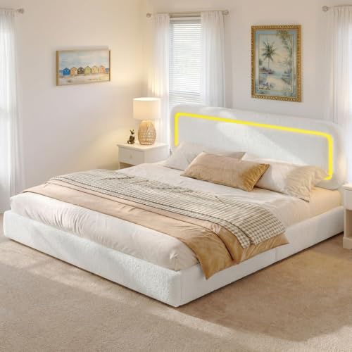 King Size Bed Frame with Led Lights,Soft Cloud Bed Frame King with Headboard,Boucle Upholstered King Platform Bed Frame,Anti-Collision Round Corners,No Box Spring Needed,Modern,Cream White