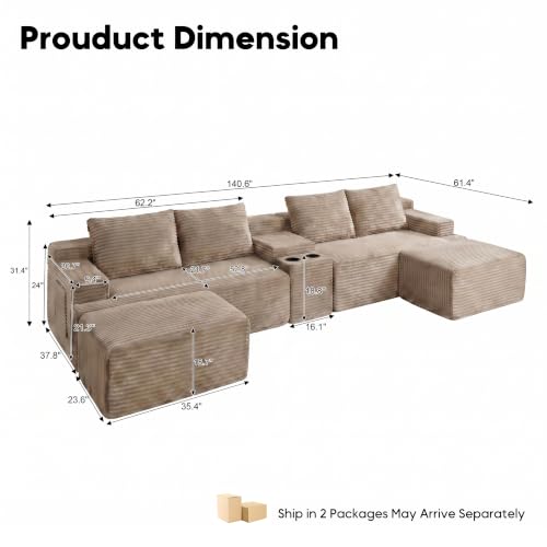 Image of 140 inch Modular Sectional Sofa Couch, Oversized U Shape Cloud Couch with 2 Ottomans, Storage and Cupholders, Corduroy Sofa Boneless Couches for Living Room, No Assembly Required, Camel