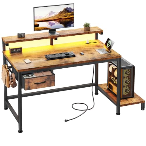 Image of DurayLoly 32 inch Office Desk with Power Outlet & Fabric Drawer,Rustic Brown
