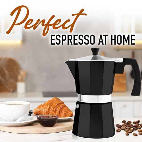 Zulay Moka Pot Espresso Stovetop Coffee Maker - Leak-Proof, Stainless Steel, Easy to Clean, Heat Resistant Handle & Knob - for Authentic Cuban & Italian Style Espresso - Makes 6 Espresso Cups - Black