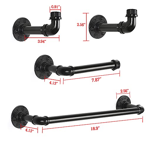Liantral Bathroom Hardware Set, 4-Piece Wall Mounted Industrial Pipe Bathroom Accessory Kit- 18" Towel Bar Rack, Toilet Paper Holder, 2 Robe Hooks, Black #TOP1