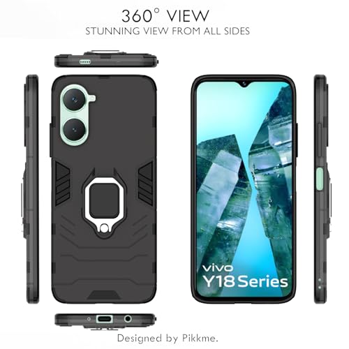 Image of Pikkme D5 Tough Armor Bumper Case | 360 Protection Case | Ring Holder Stand Back Cover for iQOO Z9 Lite 5G / Vivo T3 Lite 5G / Vivo Y18 / Y18e / Y03 (Black)