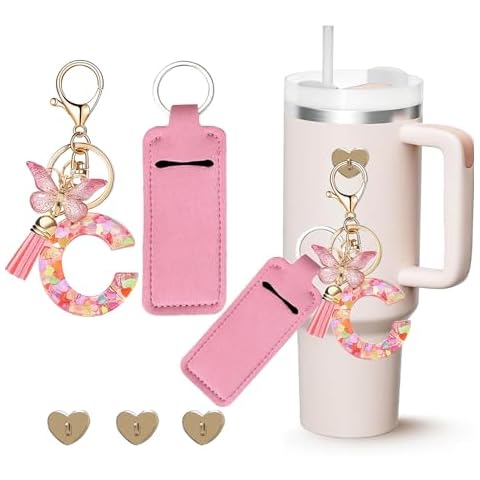 PAZLOG Letter Charm Accessories for Stanley Cup with Mini Hooks & Lipstick Chapstick Holder & Tassel Butterfly Cute Initial Name Id Keychain Compatible with Stanley Tumbler 40oz for Women Girls, C… Cover