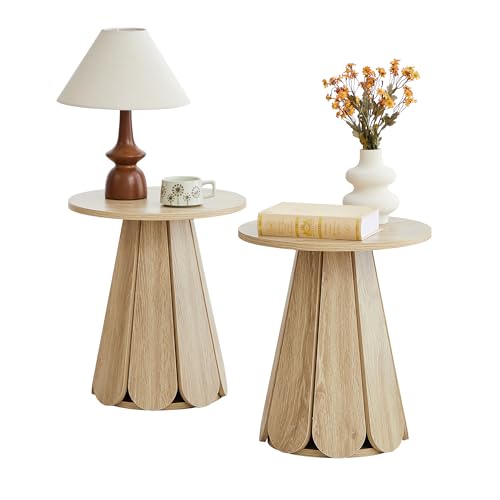 Image of Round End Table Nightstand Set of 2, Mid Century Modern Side Table, Circle Bedside Tables Wood Night Stands for Bedroom, Living Room, Small Space, Natural
