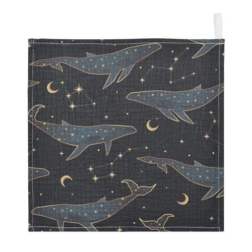 Image of vvfelixl Celestial Constellation Whale Baby Burp Cloths Baby Muslin Washcloths for Boys Girls Cotton Baby Face Towel for Newborn Infants Soft and Absorbent 11.8 X 11.8 in, 5 Pack
