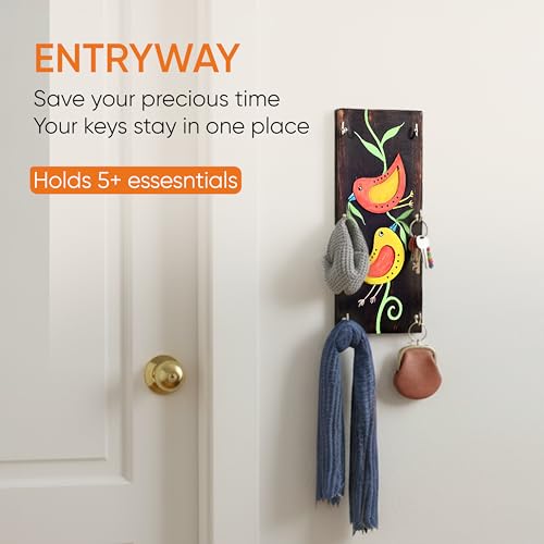 Image of AAKRITI ART CREATIONS Key Holder, Ini Mini Hand Painted Wooden Key Holder with Twin Bird Design | Rustic Mango Wood Wall Organizer with 6 Hooks | New Home Gifts.