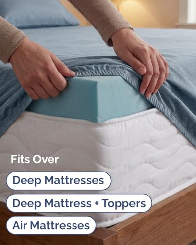 Image of Extra Deep Twin XL Sheet Set - 4 Piece Cooling Bed Sheets - Heathered Blue | Hotel Luxury Bed Sheets Set, Easy & Secure Fit, Ultra-Soft, Wrinkle & Fade Free, Comfy Sheets Set with Extra Deep Pockets