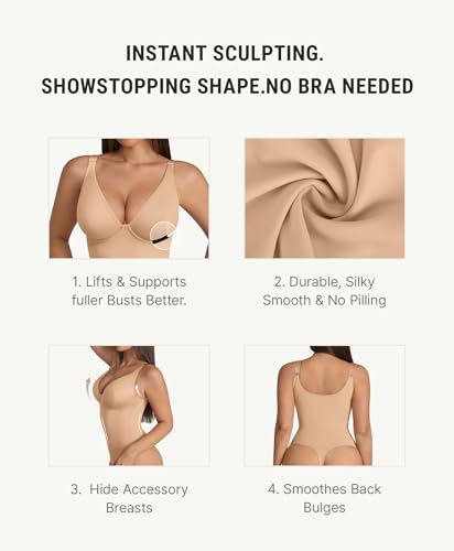 Image of FeelinGirl Shapewear Bodysuits for Women Tummy Control Body Suits Deep V Neck Thong Body Shaper