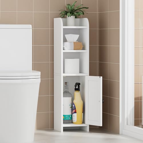 Image of Homhedy Small Bathroom Storage Corner Floor Cabinet with Door and Shelves, Beside The Toilet Paper Stand for Skinny, Narrow Toilet Paper Cabinet, 9.8" D x 7.9" W x 31" H, White