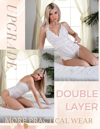Image of Avidlove Sexy Lingerie for Women Deep V Teddy Sheer Lace Bodysuit Snap Crotch One Piece Babydoll