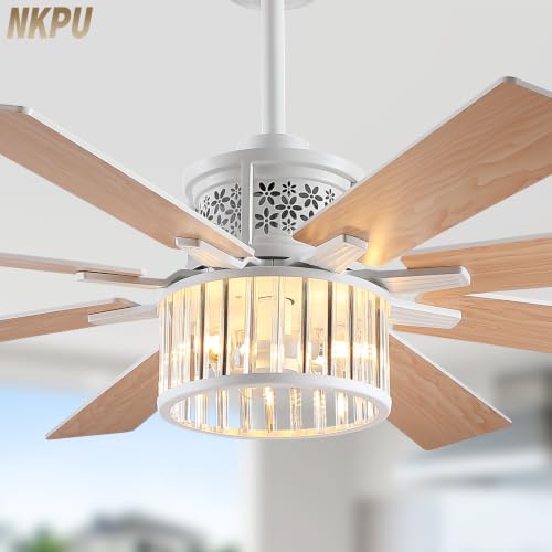 Image of NKPU 52 inch Farmhouse Crystal Ceiling Fans with Lights and Remote, Chandelier Industrial Ceiling Fan with Dual 8 Blades, 6 Speed Reversible Motor, Timing, White Ceiling Fan for Living room, Bedroom