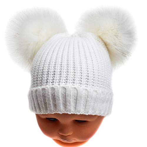 Tillfield White Soft Touch Baby Ribbed Double Faux Fur Pom Pom Hat (Newborn to 6 Months)