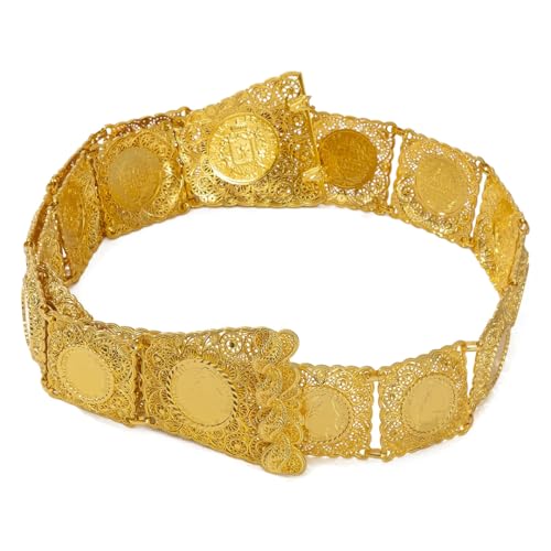 Bride Gold Plated Belt Square Coin Design Hollow Out Pattern Carved Wedding Dress Waist Chain Jewelry