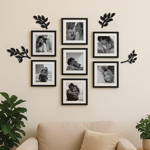 Image of Art Street Picture Frame Botanical Wall Decor with Pack of 7 Square Black Photo Frames & 4 MDF Leaf Cutouts 8x8 Inch Set with White Matt Nature Inspired Wall Hanging Art 20x20 cm