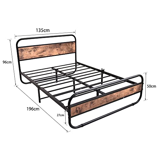 Diahomy Double Bed Metal Platform Bed Frame with Wood Headboard/Mattress Base/Metal Slat Support/Black and Brown