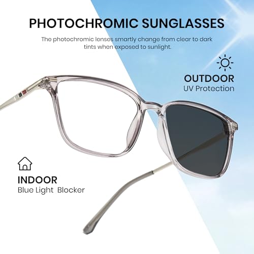 Image of Cyxus Photochromic Blue Light Blocking Glasses for Men Women, Lightweight Square Eyeglasses, UV Protection Transition Sunglasses for Computer Gaming Outdoor Daily Wear 8208iT43