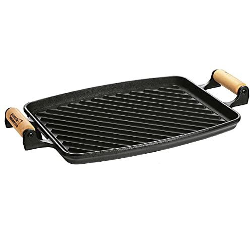 Chapa Grill De Ferro Fundido 33x25cm Com Alça De Madeira