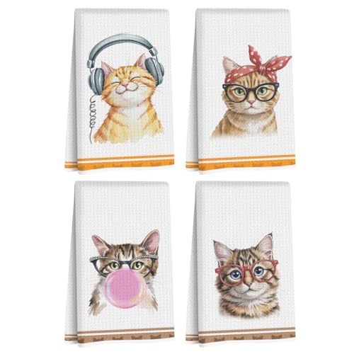 Image of Hanamiya Na 4 Pcs Funny Cat Kitchen Hand Towels 24x14 Inch, Cute Hand Towels for Home Kitchen Bathroom Farmhouse Decor, Cat Mom Lover Lady Gifts for Women Friend Grandma