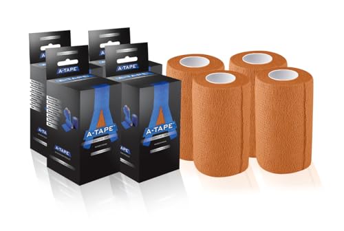 Image of A-Tape Breathable Self Adhesive Cohesive Bandage for Humans & Pets (Dogs, Cats, Birds) -Sports, Wrap, Athletic, Non Woven First Aid Medical, Wrist, Swelling (10 cm X 4.5 mtr) (Pack Of 4, Orange)