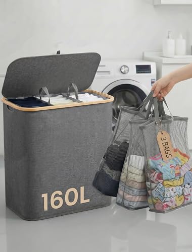 Laundry Basket with Lid 3 Compartments- Laundry Hampers with 3 Removable Liner for Family Bathroom Storage Clothes - 160L Extra Large Oxford Fabric Hampers Laundry Collapsible for Kids Bedroom