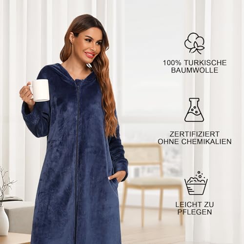 Figarge Damen und Herren Bademantel mit Reißverschluss und Kapuze, Langer Bademantel mit Fronttaschen, Saunamantel, Flanell, Marineblau, XXL