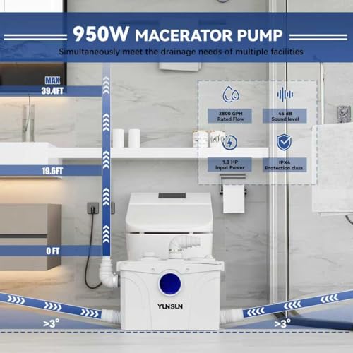 Image of YUNSUN 950W Macerator Pump, Macerator Pump for Basement, with Automatic Drain & Delay Feature, Upgraded 2 Outlets /5 Inlets, Toilet Macerating for Basement, Sink, Toilet, Laundry, Kitchen