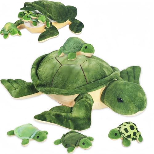 5 Piece Sea Turtle Stuffed Animal with Babies Inside, 12'' Mommy Stuffed Turtle Plush Pillow Toy with 3 Little Turtles Tortoise Toys for Kids Girls Boys Birthday Christmas Plush Gifts Party Favors