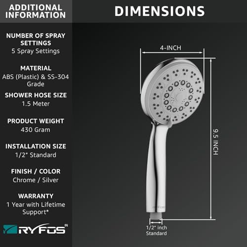 Image of India's 1st Lifetime Support Brand, R3005HS, ABS, 4-INCH, Hand Shower | 5-Function Handheld Shower with SS-304 Grade 1.5 Mtr Flexible Hose Pipe & Wall Hook | Upto 80% Water Saving | Chrome