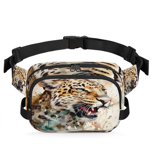 Watercolor Tiger Cute Waterproof Fanny Pack for Women Men Adjustable Waist Bag with Double Zipper Pockets Lightweight Square Hip Pack for Running Travel Hiking Workout Cycling