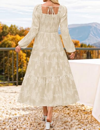 ZESICA Women's 2025 Fall Floral Midi Dress Long Sleeve Smocked Flowy Long Wedding Guest Vacation Dresses4