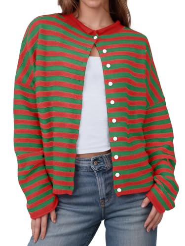 Image of Saodimallsu Womens Striped Cardigan Casual Long Sleeve Open Front Button Down Loose Knit Lightweight Fall Sweaters