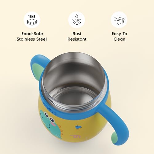 Image of rabitat Sip Around Stainless Steel Sipper 390ml | 2 Years Brand Warranty | Leak Proof | BPA Free | Sippy Cup for Kids with Soft Silicone Rim | Ergonomic Design, Dino Dash