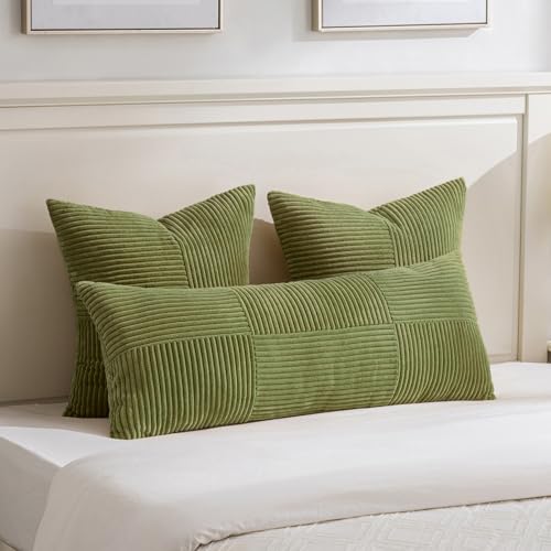Image of Fancy Homi 2 Packs Moss Green Big Decorative Throw Pillow Covers 24x24 Inch for Couch Bed Sofa, Rustic Farmhouse Boho Home Decor, Soft Corss Corduroy Patchwork Accent Square Cushion Case 60x60 cm