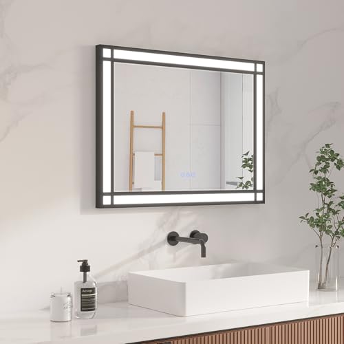 AQUABATOS Espejo de baño con Luz LED 80 x 60 cm, Espejo de Pared Espejo Cuadriculado en Forma de Ventana, Marco de Aluminio Negro, Interruptor Táctil, 3 Colores de Luz, Regulable, Antivaho