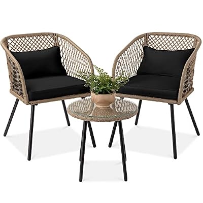 Best Choice Products 3-Piece Outdoor Wicker Bistro Set, Patio Dining Conversation Furniture for Backyard, Balcony, Porch w/Diamond Weave Design, Tempered Glass Side Table, 2 Chairs - Black