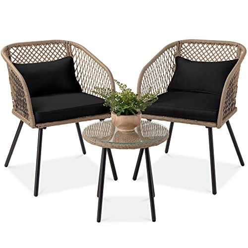 Best Choice Products 3-Piece Outdoor Wicker Bistro Set, Patio Dining Conversation Furniture for Backyard, Balcony, Porch w/Diamond Weave Design, Tempered Glass Side Table, 2 Chairs – Black