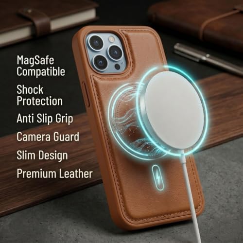 Image of amazon basics Premium PU Leather Case for iPhone 13 Pro, MagSafe Compatible Magnetic Ring, Sleek Protective Back Cover - [Tan]