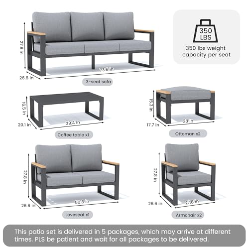 Image of Sundale Outdoor Aluminum Patio Furniture Set, 7 Piece Outdoor Conversation Sets with Coffee Table, Ottoman and Washable Thick Cushions, All Weather Outdoor Sectional Set for Deck, Lawn, Yard (Grey)