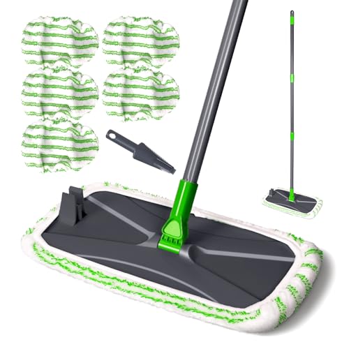 OZD Large Floor Mop, 360° Rotating Head Microfibre Flat Mop with 5 Reusable Pads, Ideal for Home and Office Use, Adjustable Long Handle for Laminate, Hardwood, Tile Floors Cleaning, Green