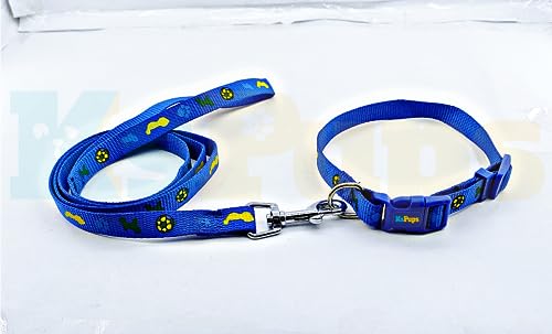 Image of 15mm Soft Printed Dog Collar and Leash Set I Puppy Printed, Adjustable Nylon Collar with Leash I for Small and Medium Dogs (Blue)
