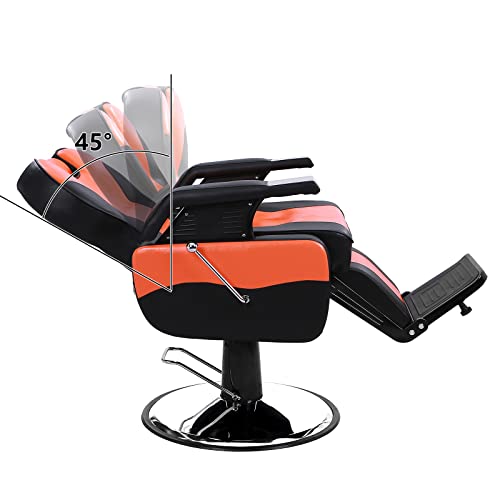 Winado Heavy Duty Reclining Barber Chair, 360° Swivel & Height Adjustable & Supports up to 440lbs, for Barber Shop & Beauty Salon, Black-Orange