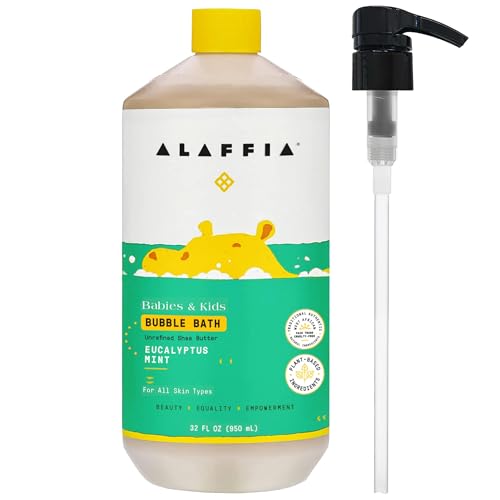 Image of Alaffia Babies & Kids Bubble Bath, Eucalyptus Mint, Pump Included – Gentle Cleanser with Raw Shea Butter and Lemon Balm, 32 Fl Oz