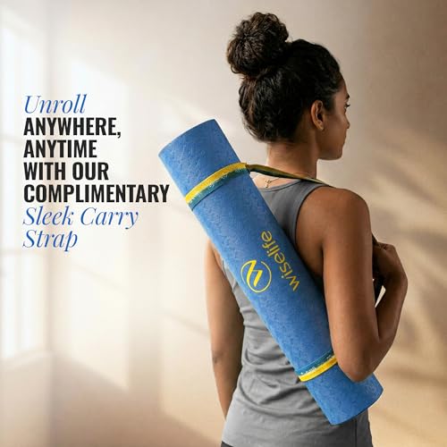 Image of WiseLife Classic Eco-TPE 6 MM Yoga Mat with Yoga Strap for Men & Women | Extra Thick, Long & Wide Non-Slip, Anti-Tear Exercise Mat for Home, Gym, Workout, Fitness, Yoga & Pilates (Blue)