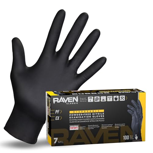 SAS Safety 66518 Raven Powder-Free Disposable Black Nitrile 7-Mil Gloves, Large, 100 Gloves by Weight