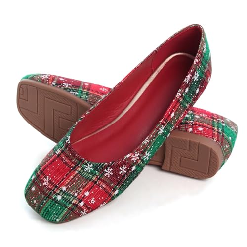 Women's Ballet Flats Plaid Christmas Red Dress Shoes for Women Party Dressy Casual Flats Comfortable Slip-on Sqaure Toe Walking Loafers4