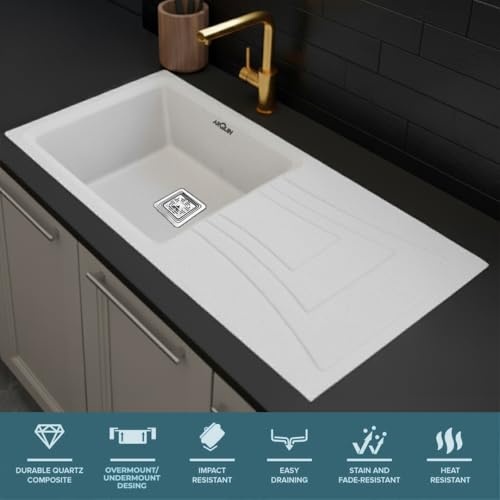 Image of ARQUIN Quartz Kitchen Sink with Drainboard 36x18x9 Inch White Granite Sink with Coupling, Waste Pipe & Strainer Basket UV Protected, Undermount /Topmount Noise Reducing