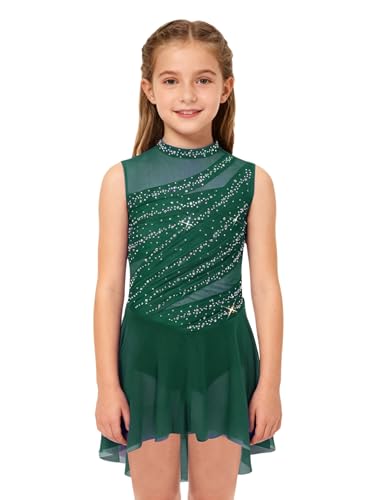 Linjinx Kids Girls Rhinestone Figure Ice Skating Dress Lyrical Dance Dress Ballet Dance Leotard Skirt for Competition Dark Green 8 Years