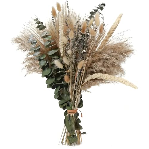 MOTIBACK Pampas Bouquet Dried Flowers - 44cm Natural Dried Pampas Grass with Bunny Tails & Eucalyptus for Home Decor, Wedding, Boho Style